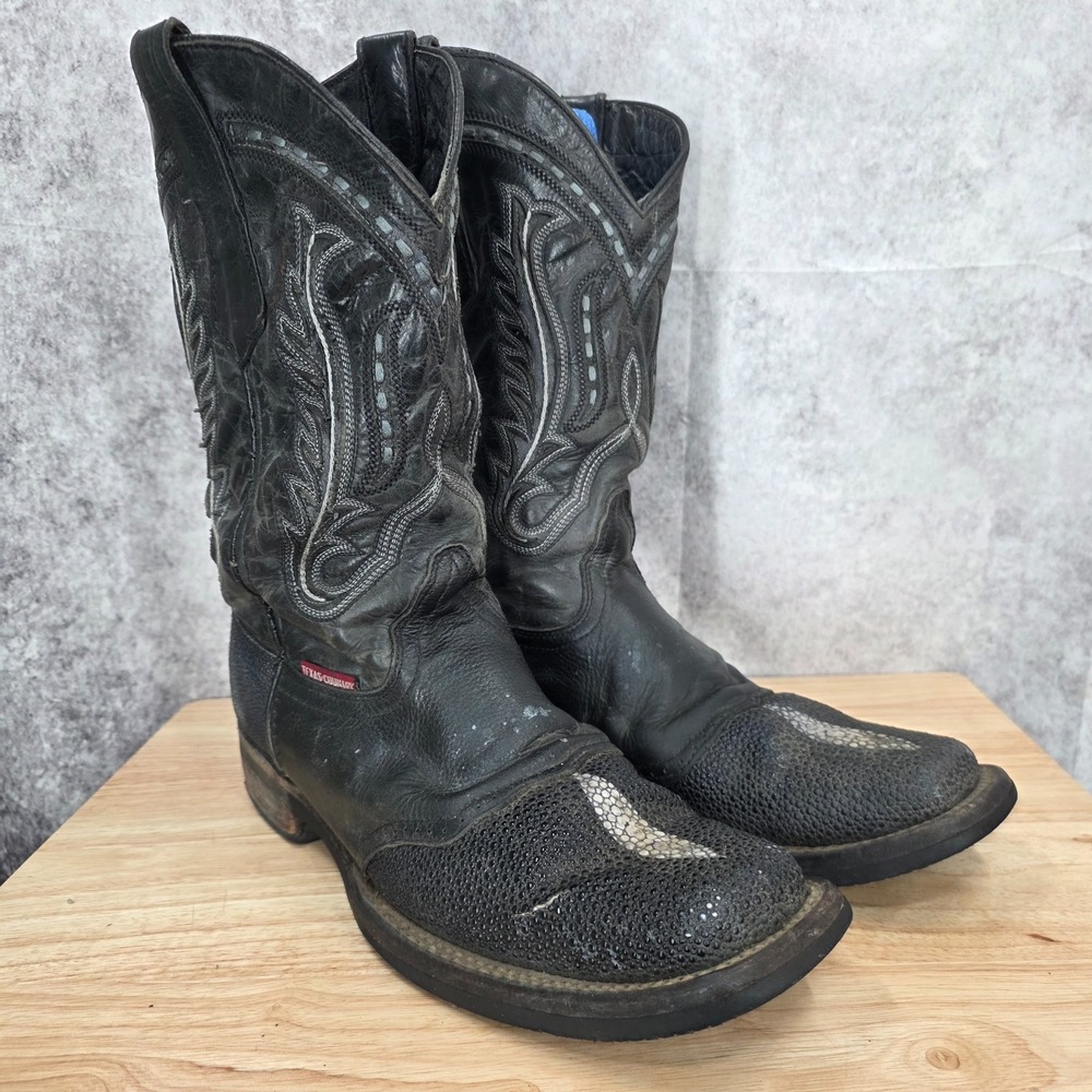 Texas Country Cowboy Boots Men 11 Black Stingray Leather Western Rodeo Will Onyx - Picture 2 of 12